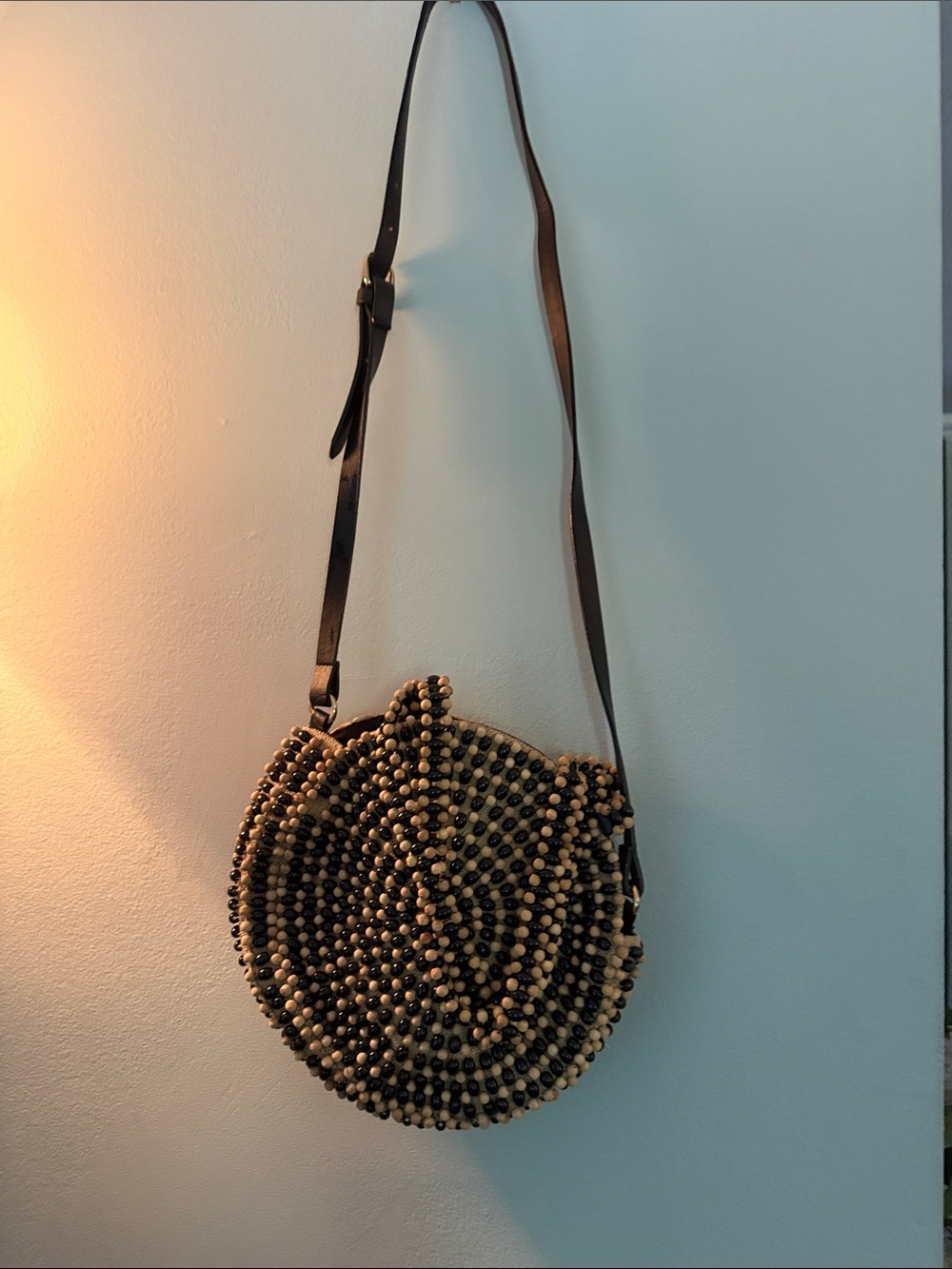 Beaded Round Crossbody Bag in Black and Natural